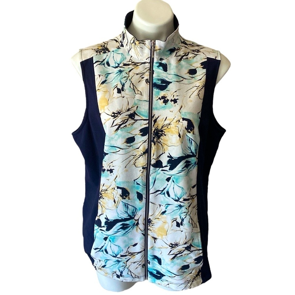 Weekends By Chico’s Women’s Blue Floral Cotton Vest Size Large 12